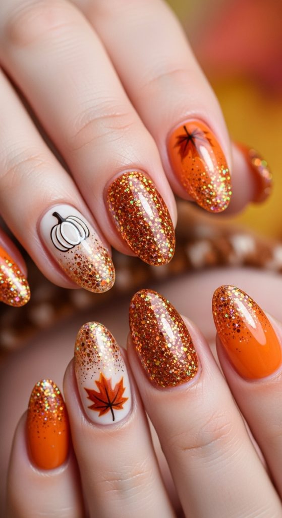 Glittery Pumpkin Spice Nails