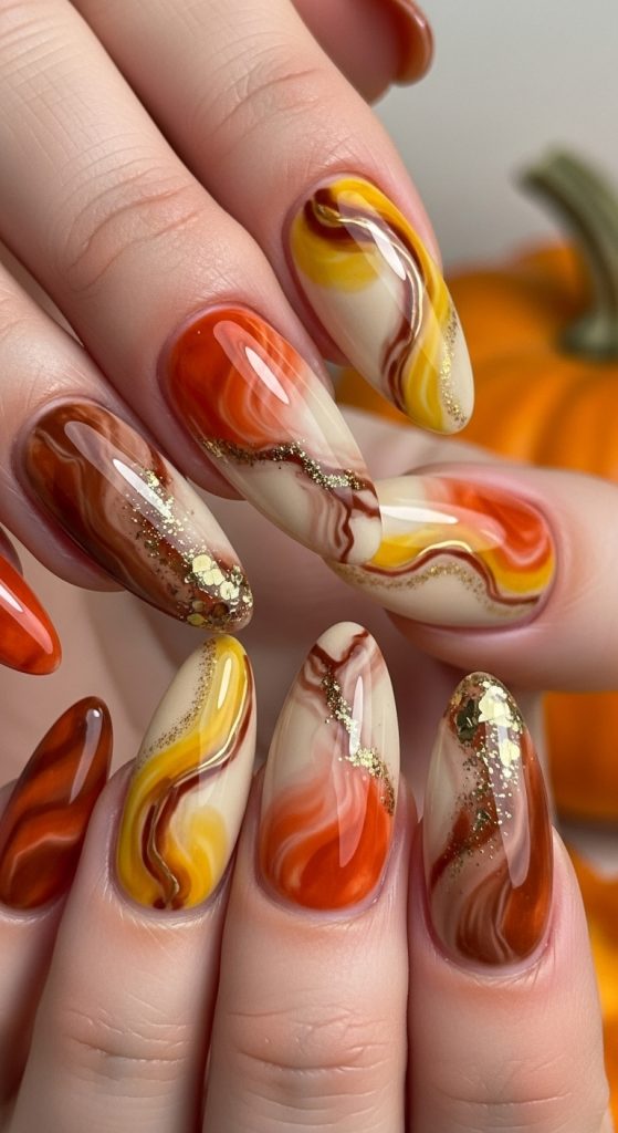 Pumpkin Spice Marble Nails
