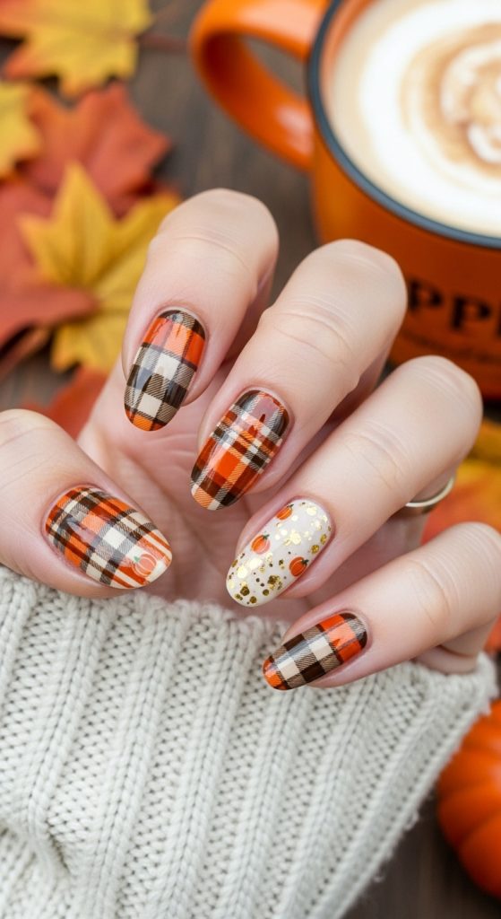Pumpkin Spice Plaid Nails