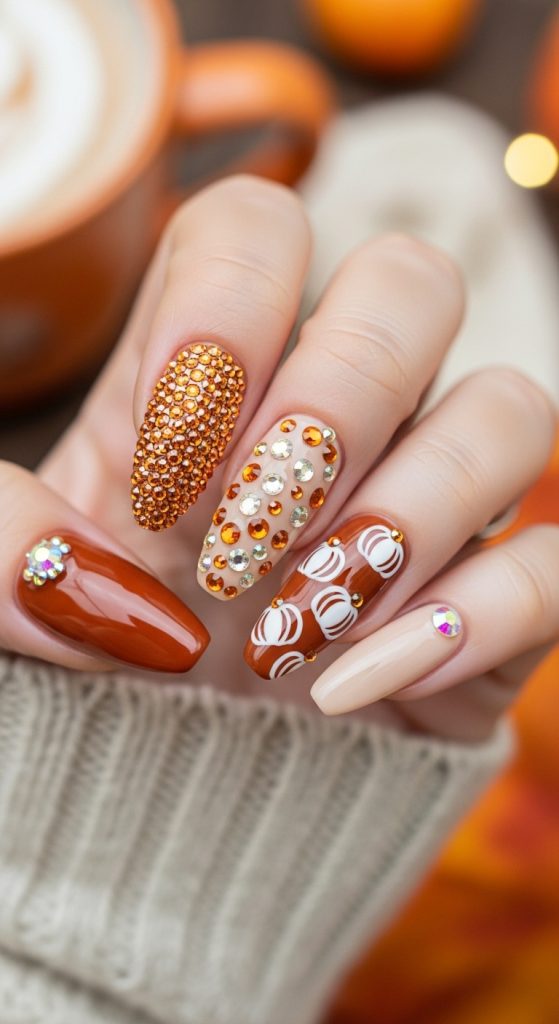 Pumpkin Spice Rhinestone Nails