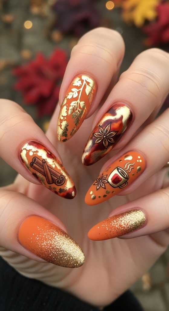 Pumpkin Spice and Gold Foil Nails